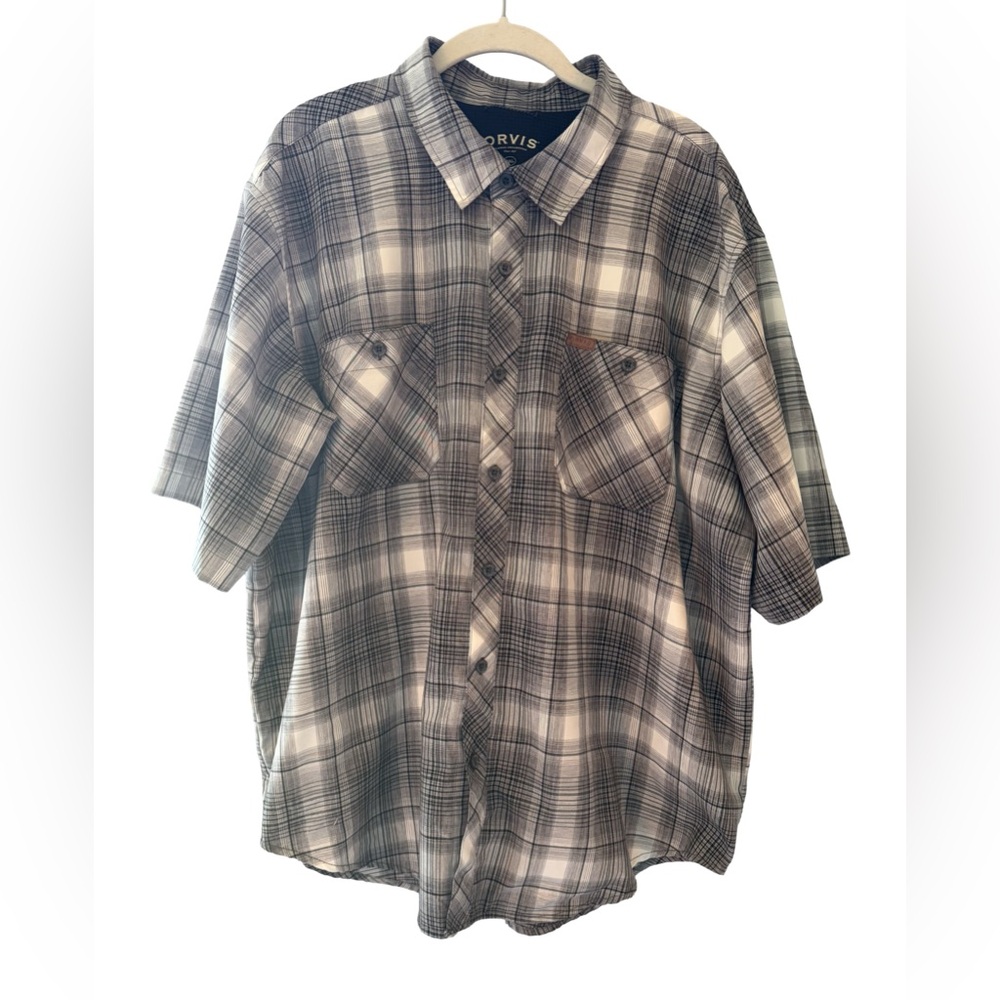 Orvis Short Sleeve Button Shirt Men’s XXL Gray Black Plaid Quick Dry Breathable